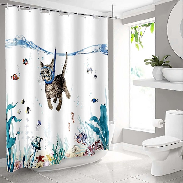 Sødt Kat Dykning Bruseforhæng 180x180cm Ocean Dyreprint Badeforhæng Vandtæt Vaskbart Polyester Badeværelsestilbehør med 12 Kroge, Blå