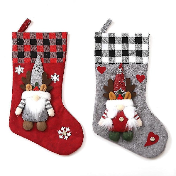 Julstrumpa 2-pack, 3D Tomtar Santa Julstrumpor Öppen Spis Hängande Strumpor Rödgrå