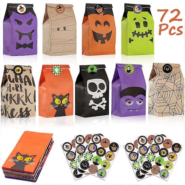 72 stk Halloween Godteposer og 72 stk Halloween Klistremerker, Gaveposer Matpapirposer for Godteri, Kjeks, Nøtter, Halloween Dekorasjon