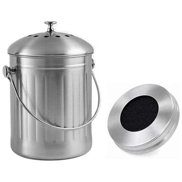 Lugtfri kompostspand i rustfrit stål til køkken - Køkkenkompostbeholder - Inkluderer udskiftelige kulfiltre (Blankt rustfrit stål, 5 liter)