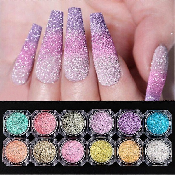 12 Flaskor Nagelglitterpulver, Reflekterande Nagelkonstpulver, Holografisk Sockereffekt, Krompigment, Manikyrdekoration F-091-01