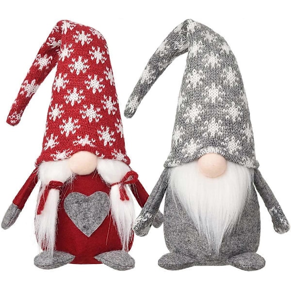 Snöflinga Jul Tomtar Set om 2, Jul Heminredning Svensk Plysch Tomte Fylld Bordsdocka Handgjord Tomtegåva Älv Figurin 35 cm
