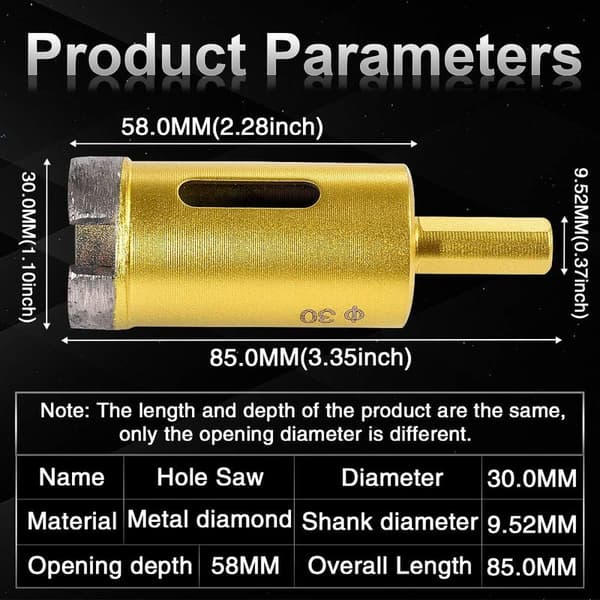 30 mm diamant hulsav, hult bor til keramisk marmor, porcelæn, fliser, marmor, granit (30 mm diameter)