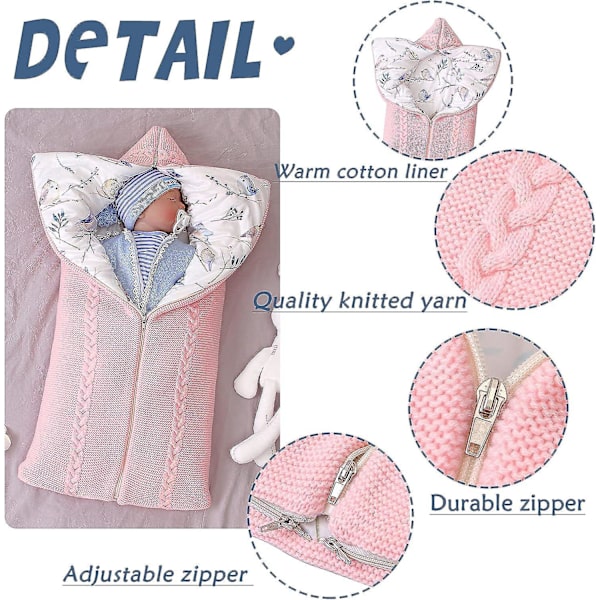Rosa nyfödd vinter sovsäck med dragkedja och varm swaddle