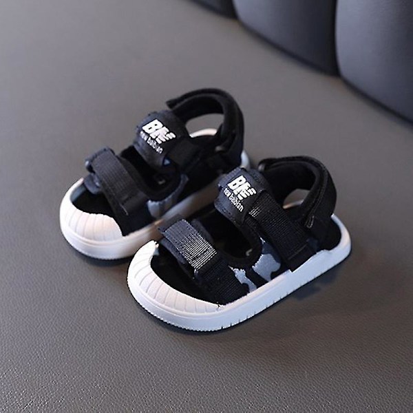 Børns sorte skridsikre åndbare sandaler med åben tå og tåbeskyttelse