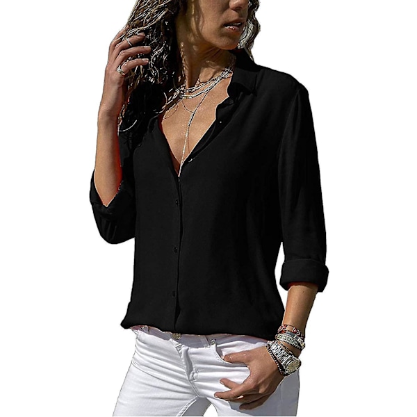 V-hals monokrom chiffonbluse - Dame langarmet topp XL svart