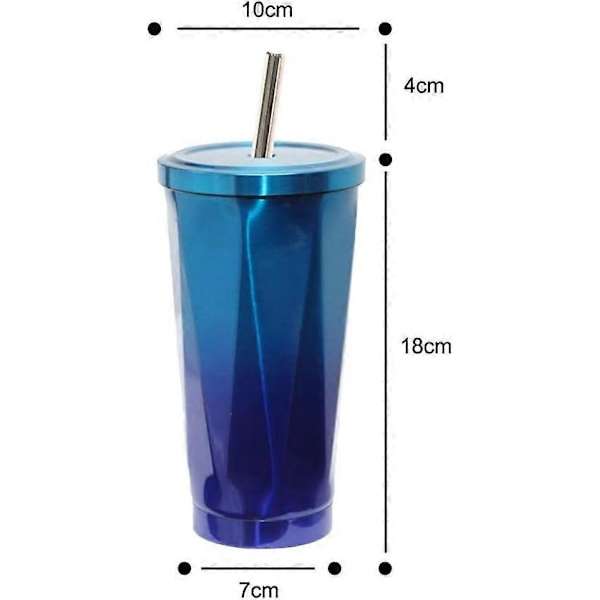 Ruostumattomasta teräksestä valmistetut juomamukit, kahvikuppi pillillä, tyhjiöeristetty toimistomuki auton juomakuppi (sininen 18oz/500ML)