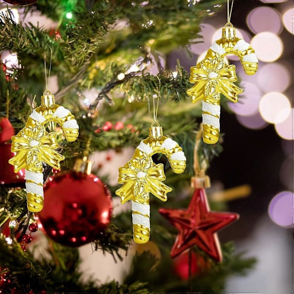 12 stk. Glitrende julekæppe 11 cm til juletræspynt Ornamenter Slikkestok Hængende Guld og Hvide Striber
