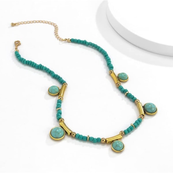 Vintage Bohemian turkis anheng halskjede - Justerbar gull kragebenskjede kjede choker for kvinner - Geometrisk beaded smykker gave