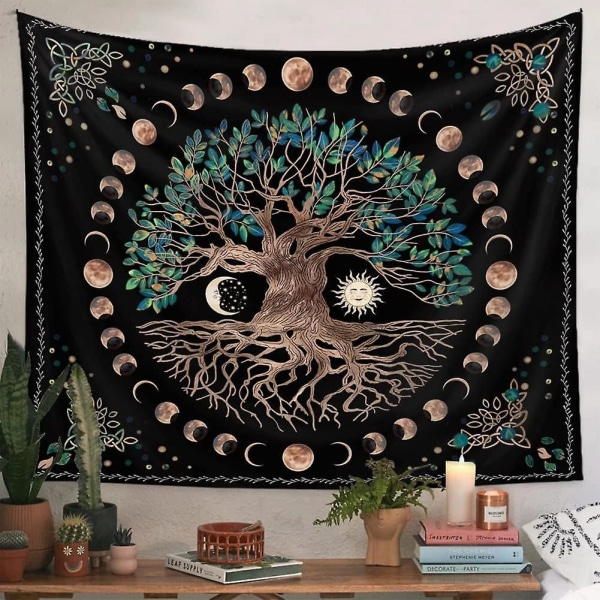 Livets träd Väggtapet - Moon Sun Black Psychedelic Mandala Starry Sky Hippie Dekor för sovrum (1st)