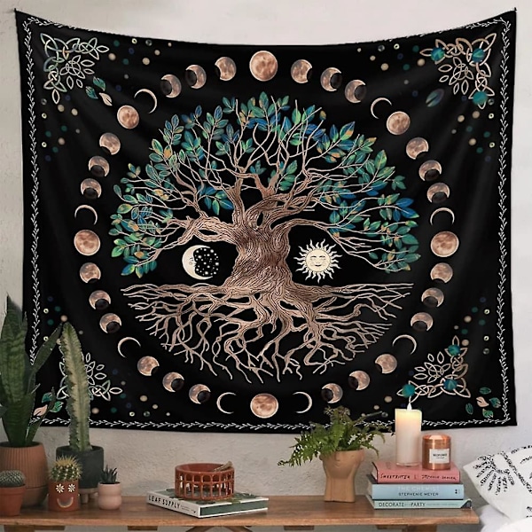 Tree of Life -seinävaahto - Moon Sun Black Psykedeelinen Mandala Starry Sky Hippie-sisustus makuuhuoneeseen (1 kpl)