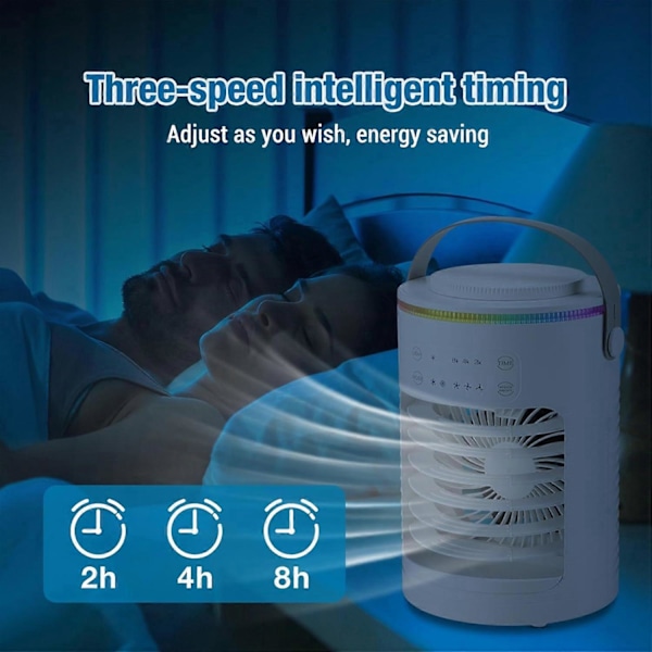 Portabel Luftkonditioneringsfläkt, 3 Hastigheter Uppladdningsbar Avdunstningskylare med 5000 mAh Batteri & 2-8H Timer, 7 Färger LED-Ljus Mini Kylning