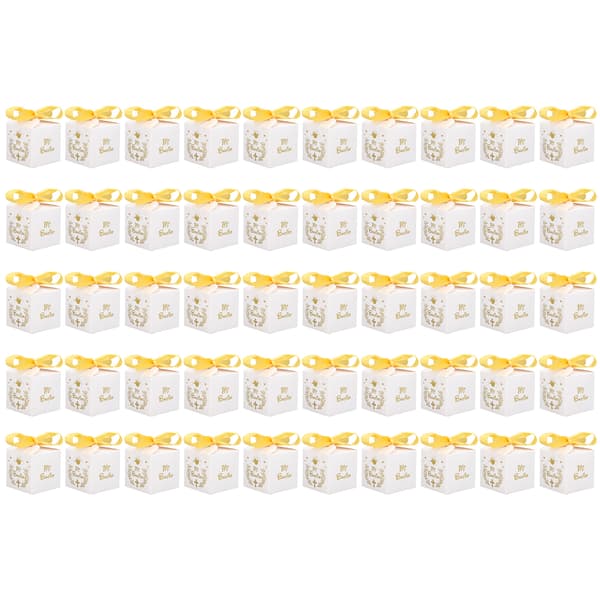 50 st Festpresentaskar Papper Material Mi Bautizo Mönster Utrustad Guld Ribbon Vita Bröllopspresentaskar för Fest