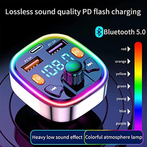 Bluetooth-kompatibel MP3-spelare med stämningsljus FM-sändare för bilinteriörtillbehör