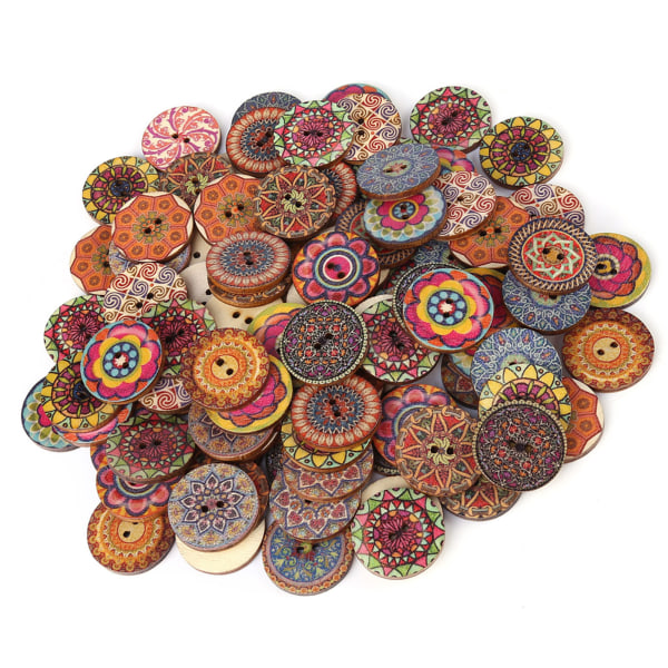 100 st blandade mönster vintage träknappar med 2 hål för DIY sömnadshantverk Dekorativ 25mm