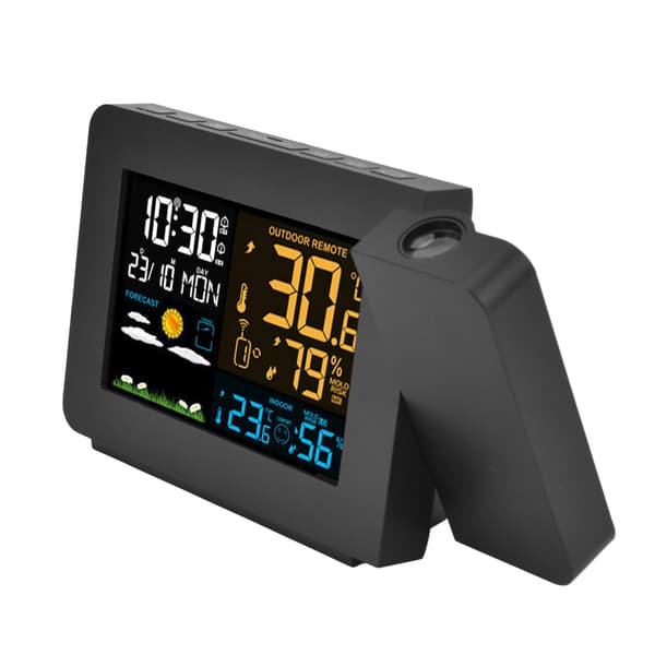 Inomhus Utomhus Termometer 60m Överföring Klocka Projektionsfunktion Temperaturprognos Digital Hygrometer EU 100‑240V