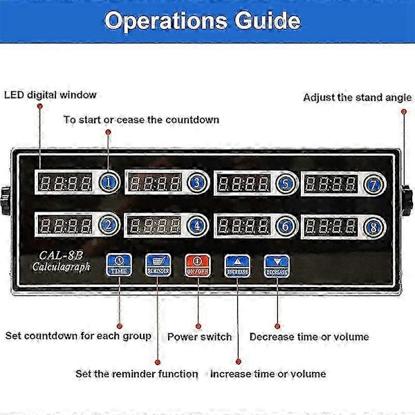 Kommerciel 8-kanals digitalt køkkentimer, rustfrit stål Calculagraph timer med alarm, ur-B16
