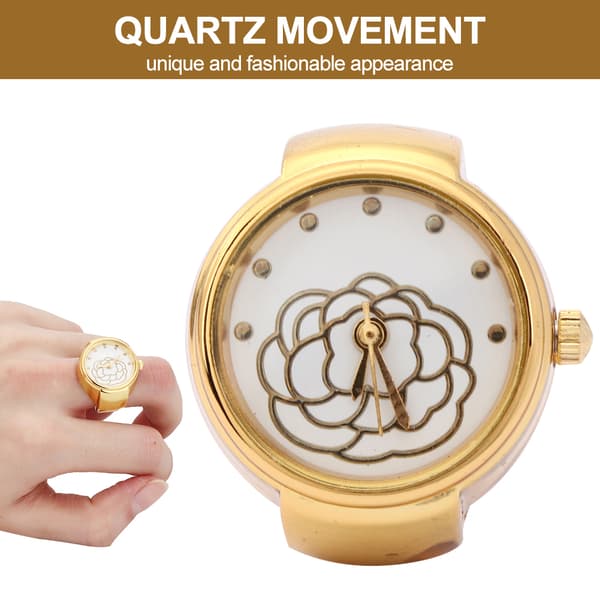 Fingerring Klocka Rund Urtavla Rosblommönster Dam Finger Quartz Klocka Guld