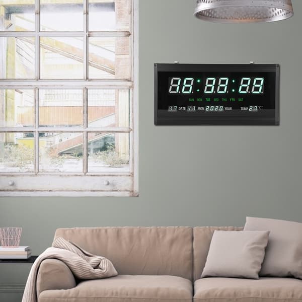 LED Digital Evighetskalender Hängande Klocka Vardagsrum Kontor Väggklocka EU-kontakt 110-220V Svart Ram Grön Siffra