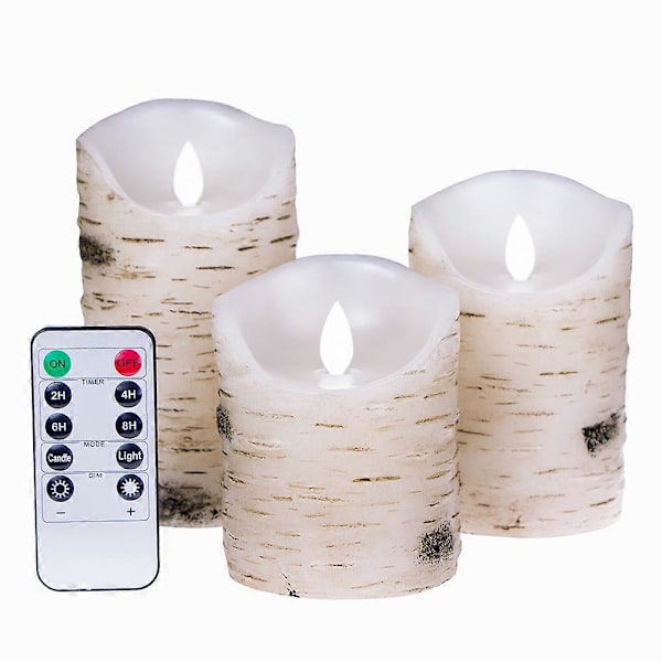 Flimrande Ljus, Ljus Björk Set om 3 (H: 4 5 6 x D: 3.25) Björkbark Batteriljus Äkta Vax Pelare med Fjärrkontroll Timer