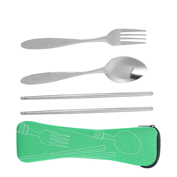 Bärbar sked i rostfritt stål ätpinnar med förvaringsväska Camping set(grön)