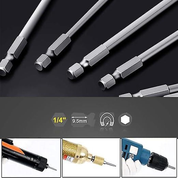 Sett med 11 lange Torx-bits for skrutrekkere og elektriske skrutrekkere - 1/4\" sekskantfeste - Størrelser T6 til T40 - Lengde 100 mm
