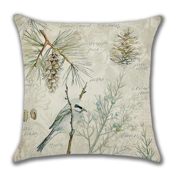 4 Pellavatyynynpäällisen setti 45x45 cm Kevät Vintage Akvarelli Linnut Kukat Vihreät Kasvit