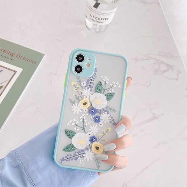 Kompatibelt iPhone 11 deksel med blomstermønster, klar frostet PC-bakside, blomstrete jenter kvinne og myk TPU beskyttende silikon slankt deksel for iPhone 11 - Blå