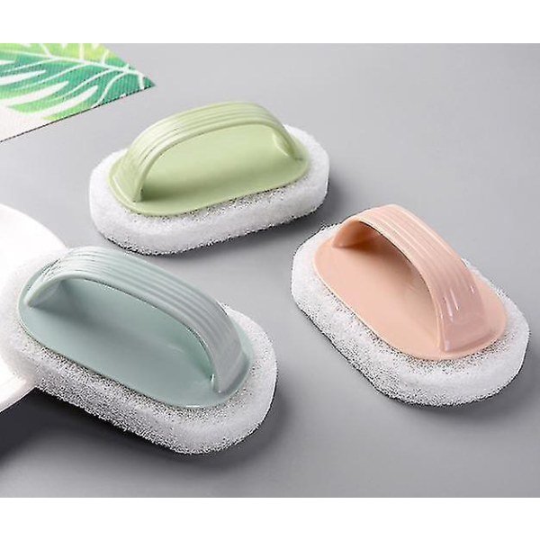 3-delad set rengöringsborstar med enkla handtag med dekontamineringssvamp för badrum, toalett och kök (blå, rosa och grön)