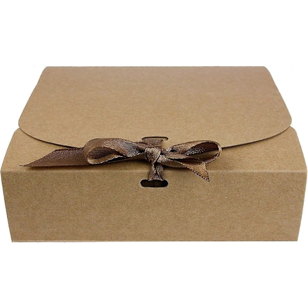 Förpackning med 12 fyrkantiga presentförpackningar, 16,5 cm x 5 cm, enkel montering, brun låda med rosettband