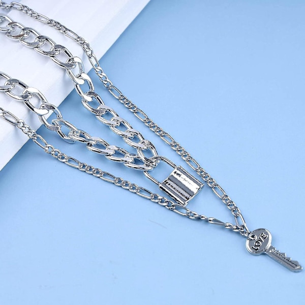Flerskiktad Kubansk Punk Silver Choker Halsband med Hänglås, Nyckel och Tjocka Länkkedjor för Kvinnor