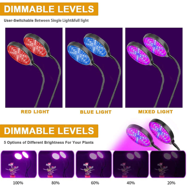 Fuldspektrum indendørs plantevækstlys med 156 LED, 2-hoveddesign, timer, 3 lystilstande, 5 dæmpningsniveauer, 360° justerbar