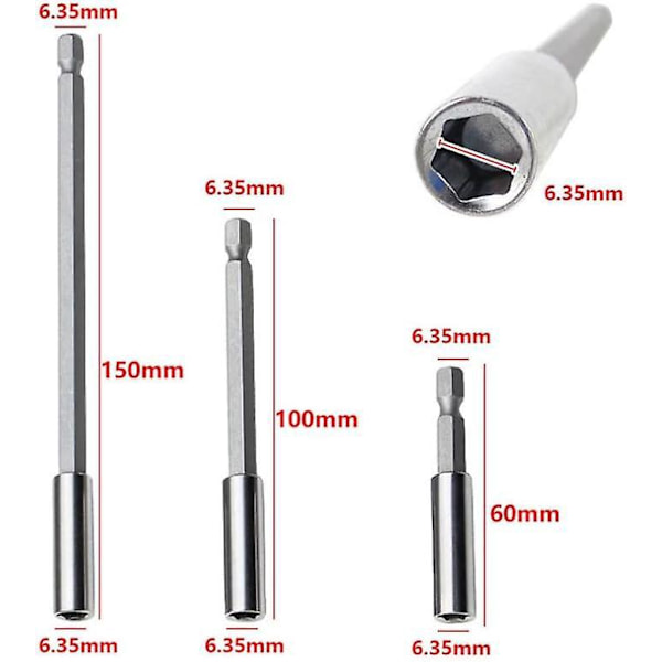3 st 1/4\" 60/100/150mm Elektrisk Borrmejsel Hex Bit Hållare Förlängningsstång Bit Hållare Magnetisk Borrbit Skaftverktyg