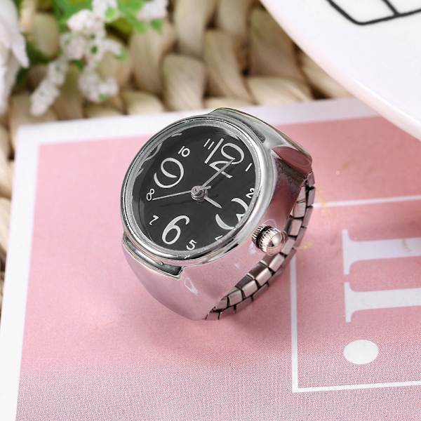 1 Stk Fashionable Kvinder Mænd Kvarts Analog Rund Finger Ring Love Watch (sort)