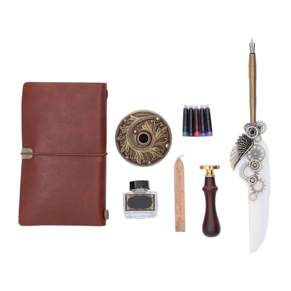 Hvidt fjerpennesæt Mekanisk tekstur Vintage Elegance Quill Pen Blæksæt med blækpose Metalindgraveret Nib Notebook-stempel