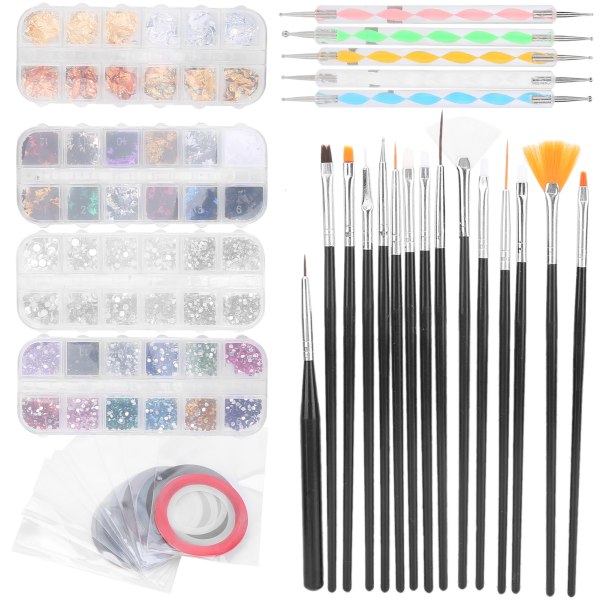 Neglekunstværktøjssæt Neglebørste Dotting Pen Rhinestones Dekoration Negle Foil Striping Tape Kit