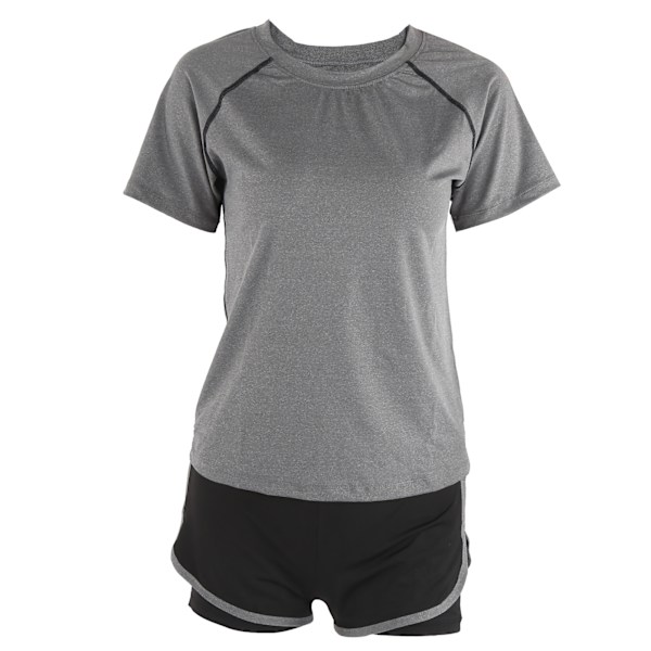 Dam sommar casual 2-delad kortärmad outfit set träningskläder fitness kläder set grå kortärmad + svart grå hög midja shorts L
