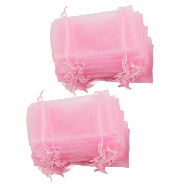 100 stk. Organzaposer 10x15cm Transparente gaveposer med snøre Netbærbar smykkeposer Snøre til bryllup Pink