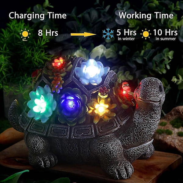 Solar Skildpadde Havefigur Skildpadde Statue Udendørs Dekor Vandtæt Resin Havepynt Skildpadde Skulptur Ornament med 7 LED'er til Terrasse Græsplæne Have Gar