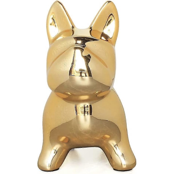 Keramisk Bulldog Spargris för Pojkar Flickor, Pengabox för Barn, Myntbank Minnessak med Plastpropp, Fransk Bulldog Sparburk, Barnrumsinredning (Guld)