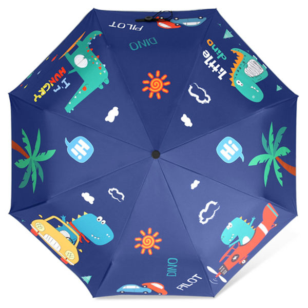 Sol og regn paraply 8 ribber automatisk åben luk sol blok UV bevis bærbar foldbar paraply sort vinyl med reflekterende stribe dinosaur bil
