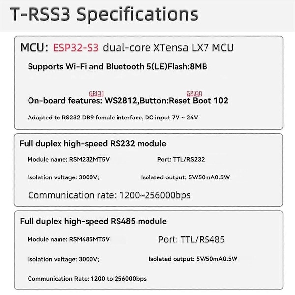 T-RSS3 ESP32-S3 -kehityskortti RS232 RS485 5V -moduuli sisäänrakennettuna