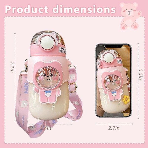 Kawaii Karhu Juomapullo, 720ml Söpö Juomapullo Pillillä, Muovinen Juomapullo (Pinkki)