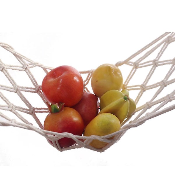 Fruktkorg för köket, frukt hammock i nordisk stil handgjord av ren bomull, lång hängande fruktkorg med krok för kök, vit, pinnlängd 30, total