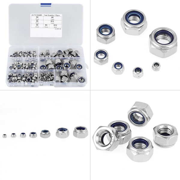175 stk. M3 M4 M5 M6 M8 M10 M12 rustfrit stål sekskantmøtrik skrue assorteret sæt