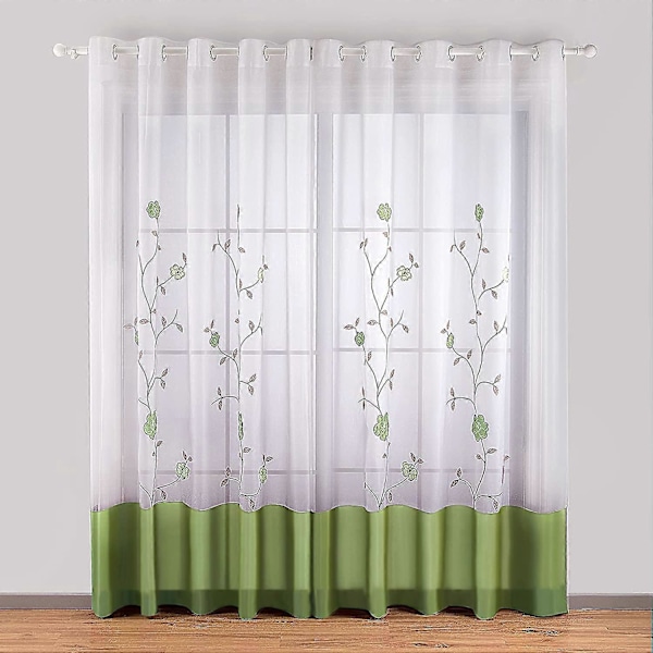 Set med 2 Blomsterbroderade Skira Öljettgardiner för Sovrum Kök Vardagsrum, 140cmx175cm, Grön