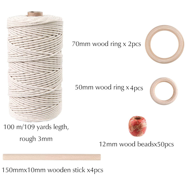 Käsityöt DIY Kasviruukut 109 Jaardia 3mm Luonnon Makramee Naru 60 kpl Puuhelmiä 6 kpl Puurengas ja 4 kpl Puutikku