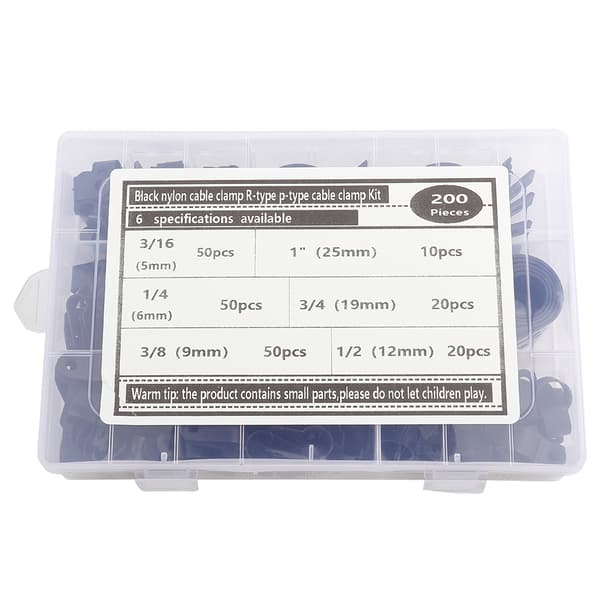 200 stk. kabelklemmer af plastnylon R-type P-type ledningsklemmer assorteret æske (sort)