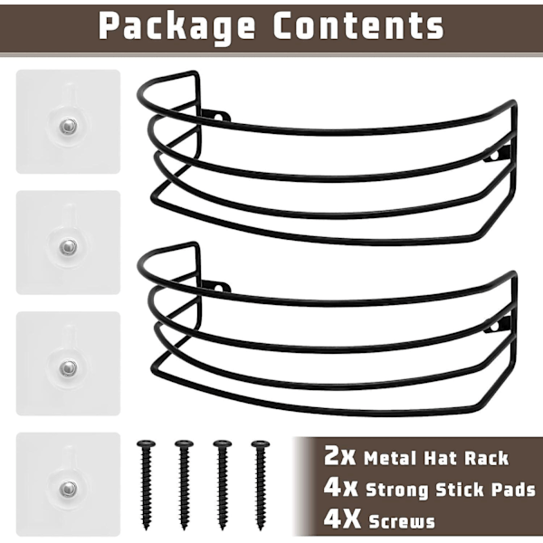 Hattehylde til væg og dør, [2-pak] Metal hat organiser til opbevaring af baseballkasketter, kan rumme op til 30 kasketter, stærk kasket holder, sort