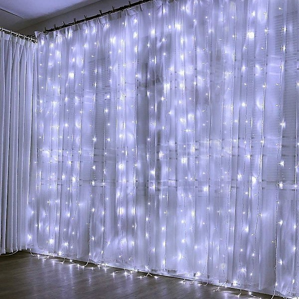 Lysgardin - 3 * 3 Meter med 300 Hvite Lys - Batteri og Dobbel USB Strømforsyning